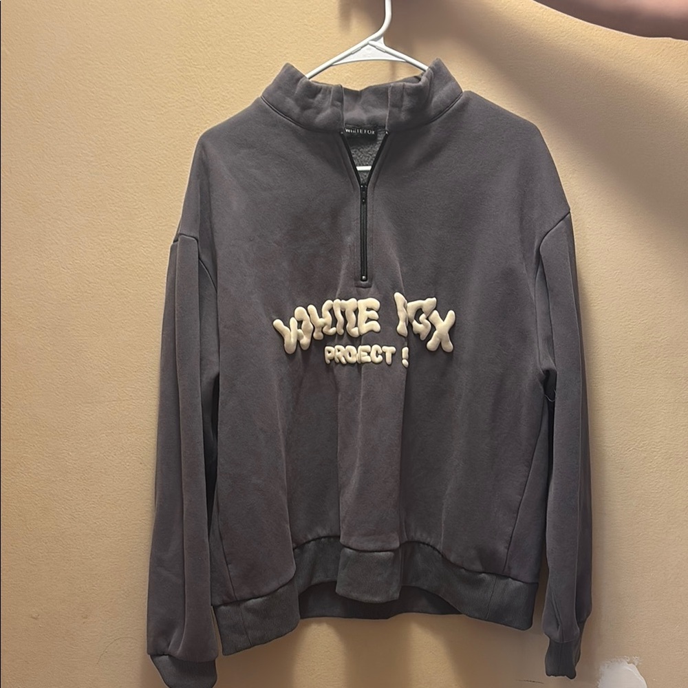 White Fox Boutique Gray Sweatshirt with Cream Logo